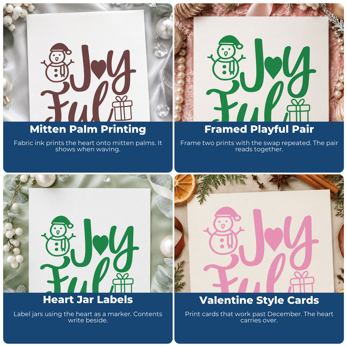 Four ways to use the Joyful Snowman And Gift With Hearts Self-Inking Craft Stamp: mitten palm printing, framed playful pair, heart jar labels and valentine style cards.