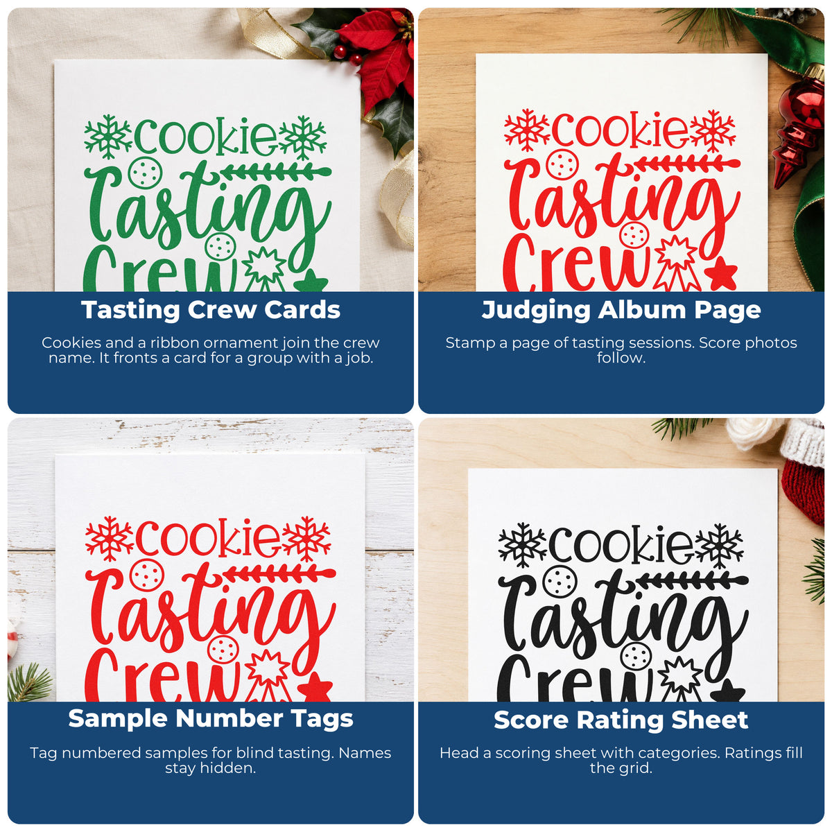 Four ways to use the Cookie Tasting Crew Snowflakes Pre-Inked Stamp – PSI: tasting crew cards, judging album page, sample number tags and score rating sheet.