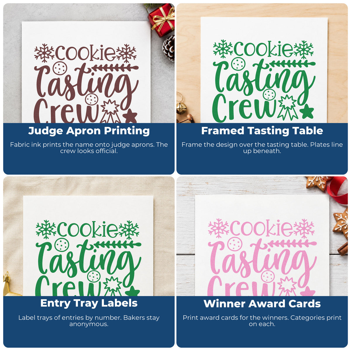 Four ways to use the Self-Inking Cookie Tasting Crew Snowflakes Stamp: judge apron printing, framed tasting table, entry tray labels and winner award cards.
