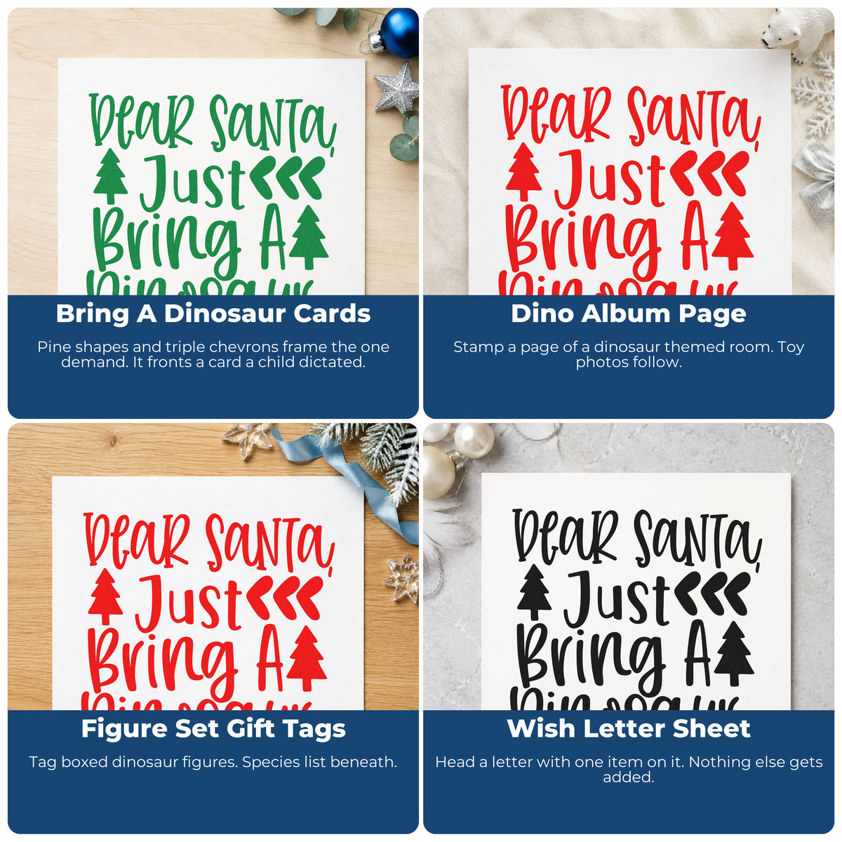 Four ways to use the Dear Santa Bring Dinosaur Compact Pre-Inked Stamp – Slim: bring a dinosaur cards, dino album page, figure set gift tags and wish letter sheet.