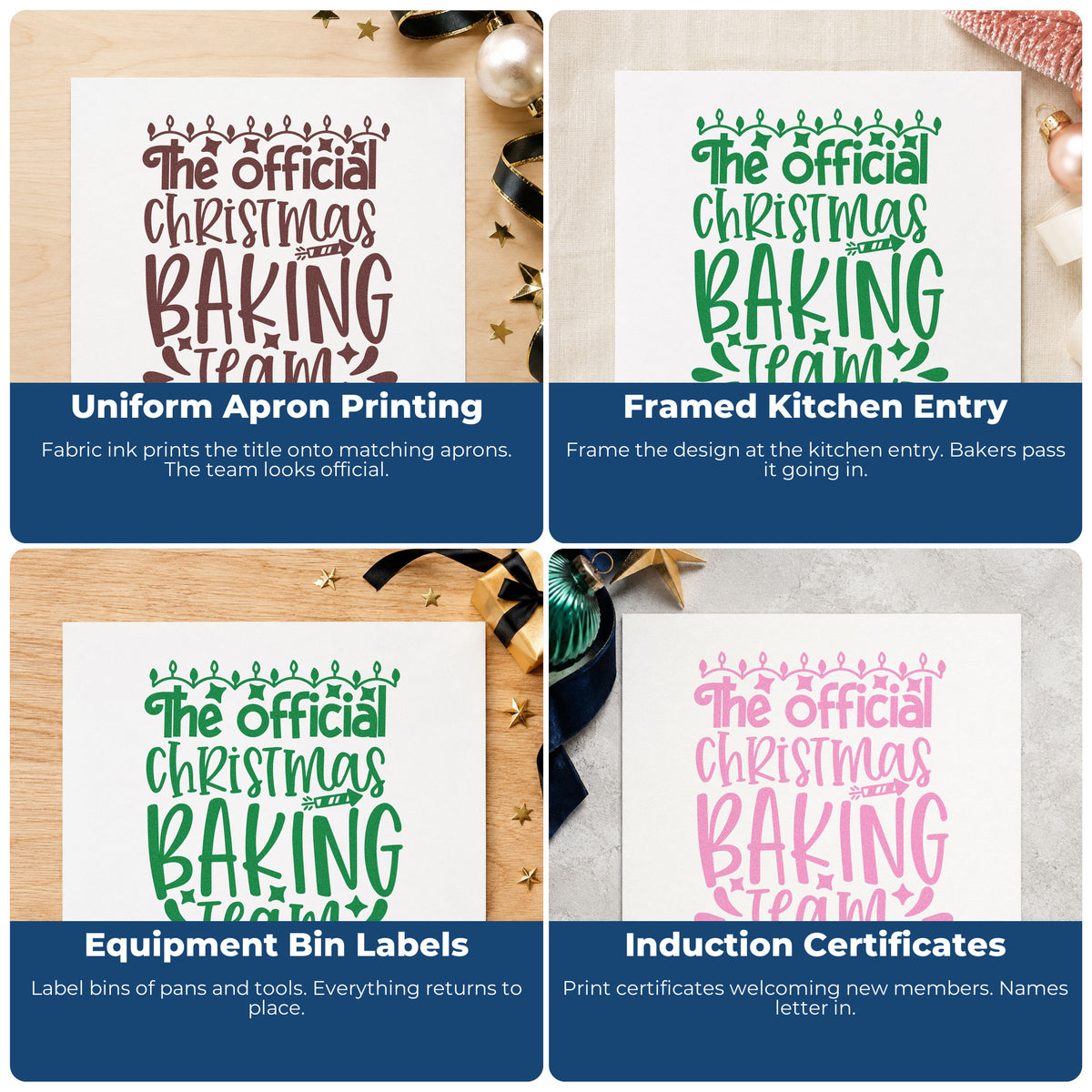 Four ways to use the The Official Christmas Baking Team Hand Stamp – Duo: uniform apron printing, framed kitchen entry, equipment bin labels and induction certificates.