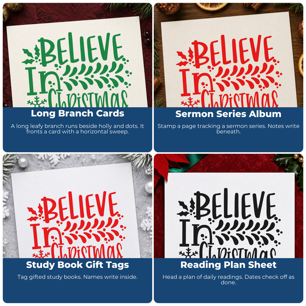 Four ways to use the Believe In Christmas Branch Pre-Inked Stamp – Slim: long branch cards, sermon series album, study book gift tags and reading plan sheet.