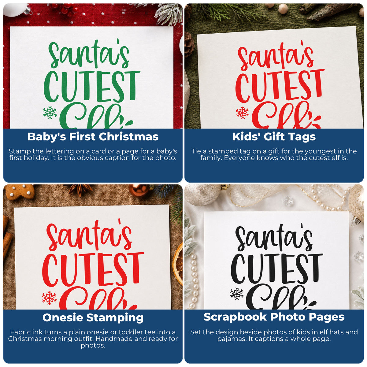 Four ways to use the Santa's Cutest Elf Self-Inking Craft Stamp: baby's first christmas, kids' gift tags, onesie stamping and scrapbook photo pages.