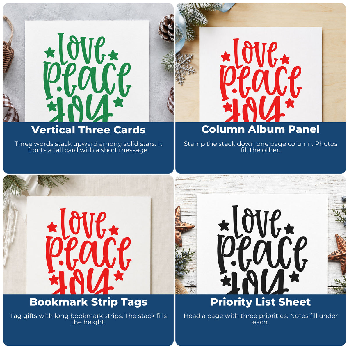 Four ways to use the Love Peace Joy Stars Slim Pre-Inked Stamp: vertical three cards, column album panel, bookmark strip tags and priority list sheet.