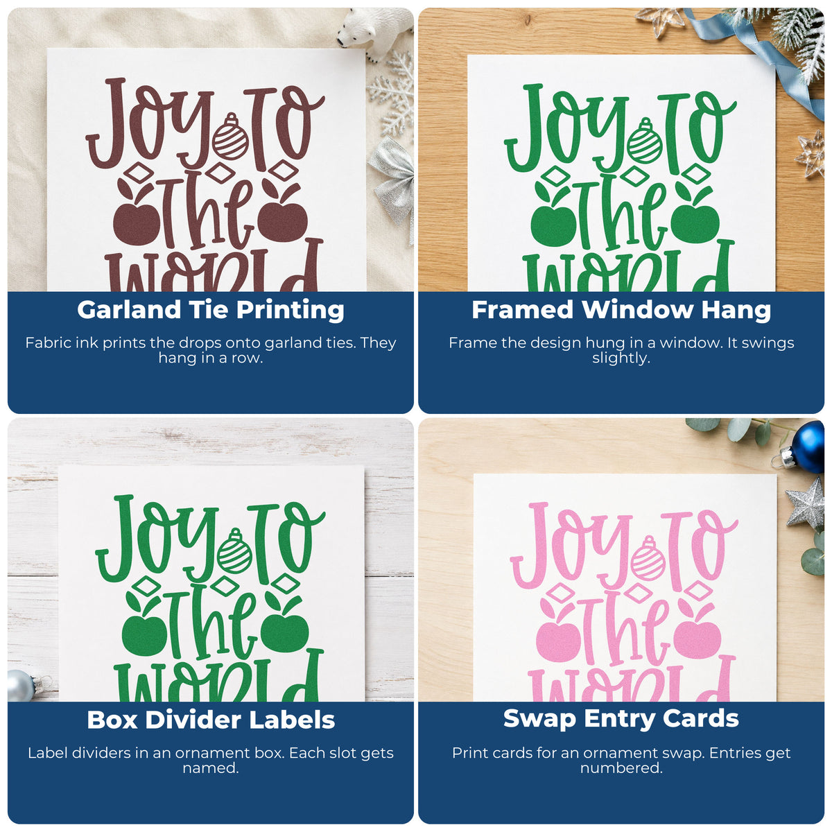 Four ways to use the Joy To The World Ornaments Lettering Pre-Inked Stamp – PSI: garland tie printing, framed window hang, box divider labels and swap entry cards.