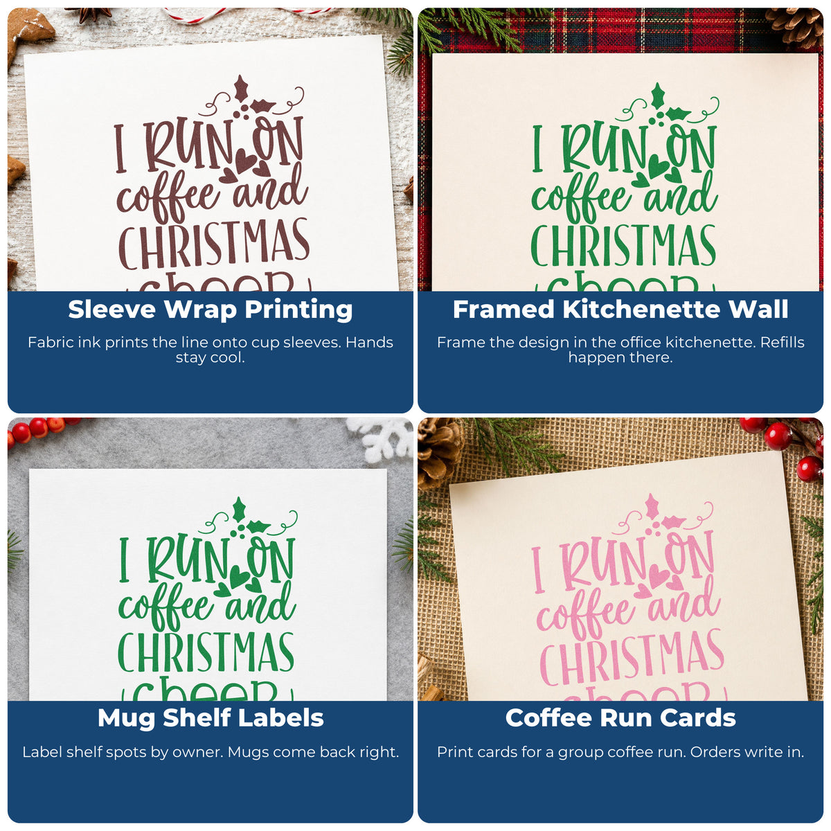 Four ways to use the Coffee And Christmas Cheer Pre-Inked Stamp – PSI: sleeve wrap printing, framed kitchenette wall, mug shelf labels and coffee run cards.