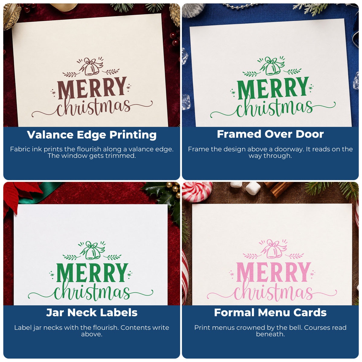 Four ways to use the Merry Christmas Bell Flourished Lettering Stamp – Wood Handle: valance edge printing, framed over door, jar neck labels and formal menu cards.