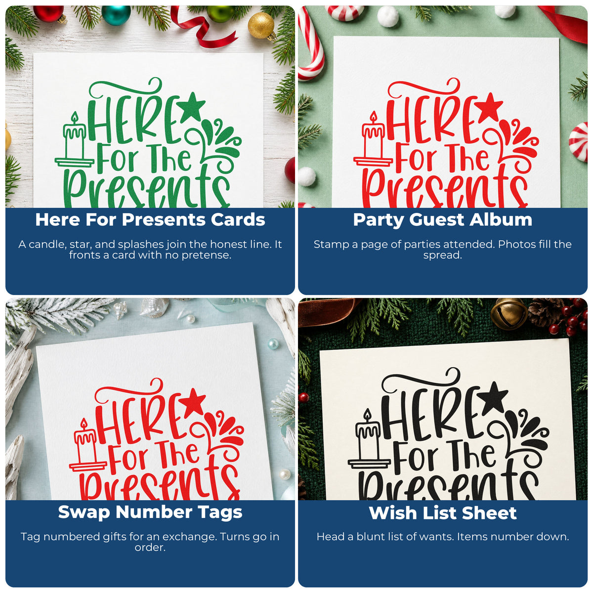 Four ways to use the Here For The Presents Wood-Mounted Rubber Stamp: here for presents cards, party guest album, swap number tags and wish list sheet.