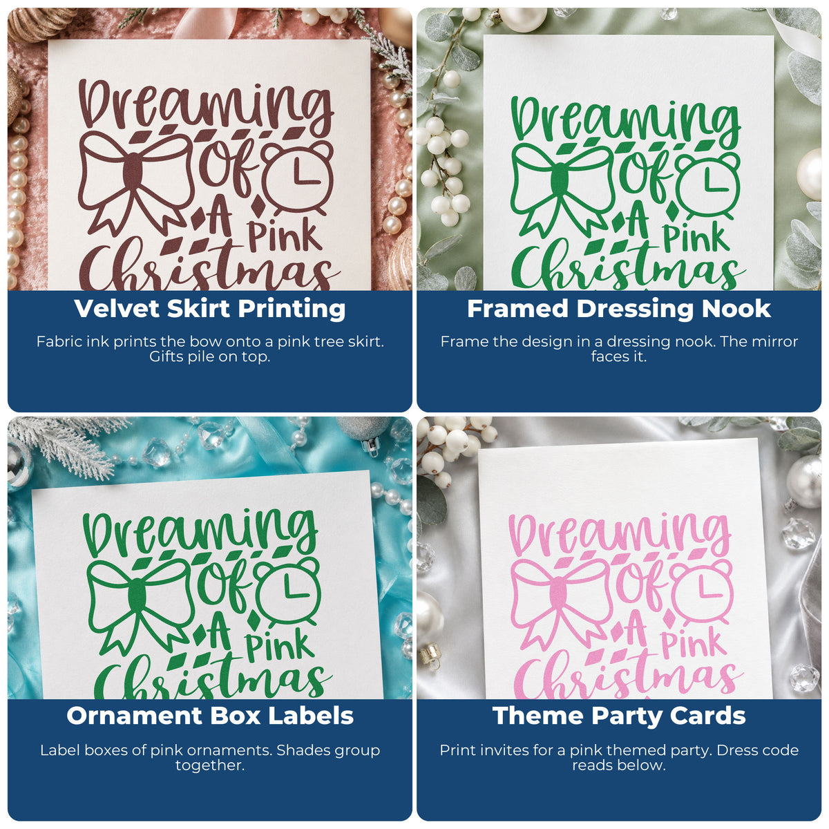 Four ways to use the Dreaming Of A Pink Christmas Tree Motif Stamp - Premium Vintage Pro Wooden: velvet skirt printing, framed dressing nook, ornament box labels and theme party cards.