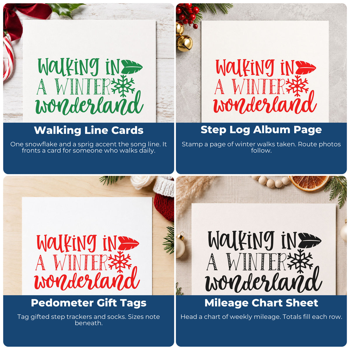 Four ways to use the Walking In A Winter Wonderland Hand Stamp – Duo: walking line cards, step log album page, pedometer gift tags and mileage chart sheet.