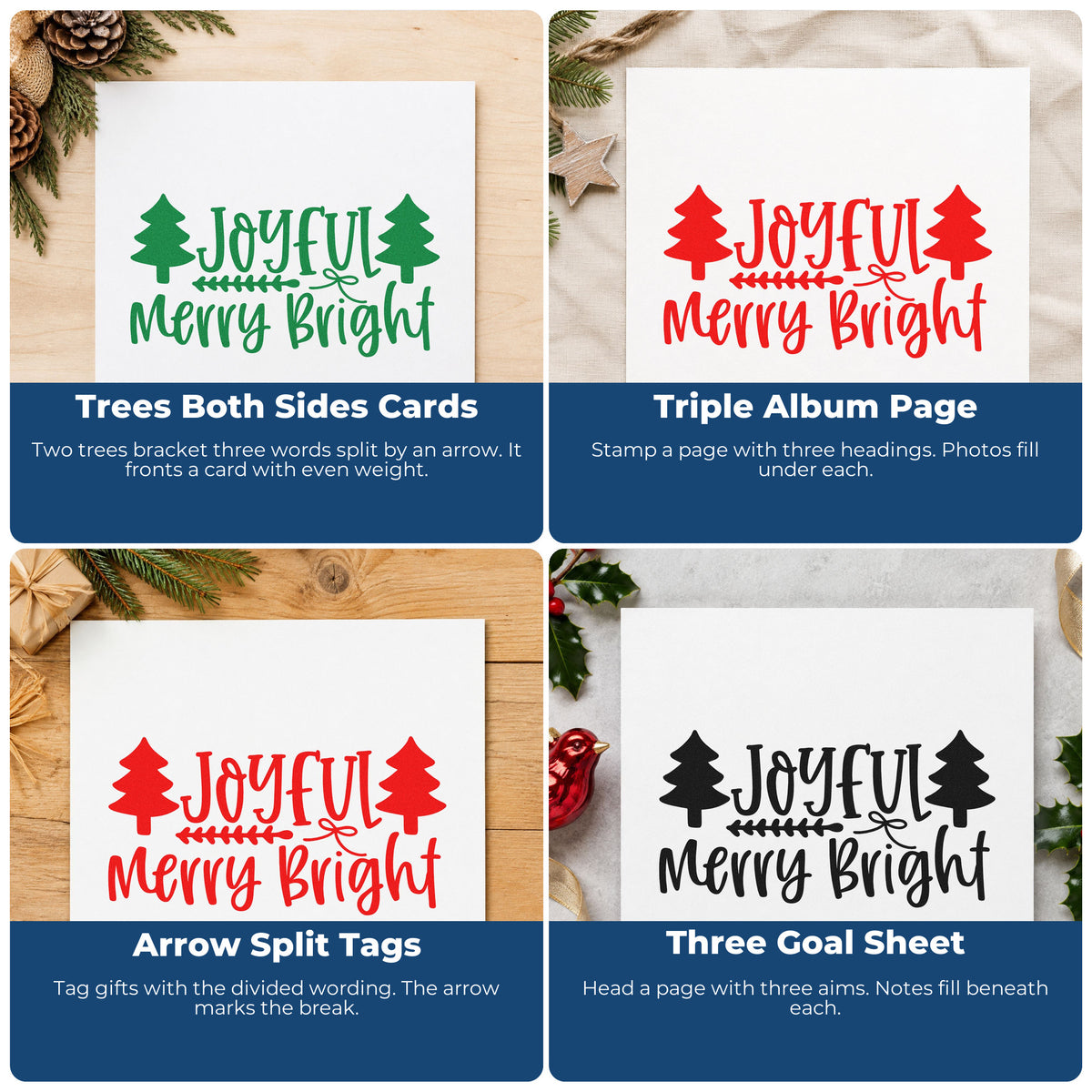 Four ways to use the Joyful Merry Bright Trees Arrow Stamp – Wood Handle: trees both sides cards, triple album page, arrow split tags and three goal sheet.