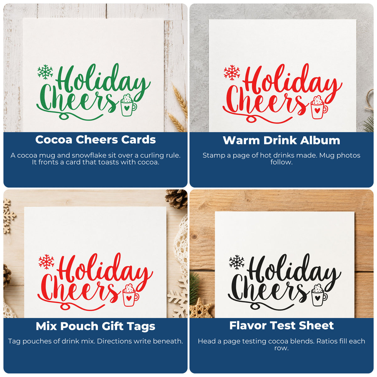 Four ways to use the Slim Pre-Inked Holiday Cheers Cocoa Mug Snowflakes Stamp: cocoa cheers cards, warm drink album, mix pouch gift tags and flavor test sheet.