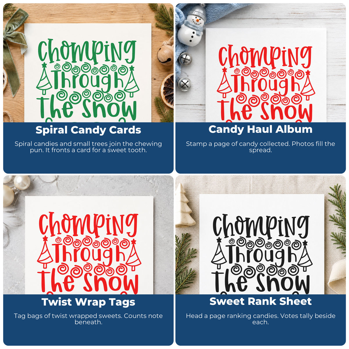 Four ways to use the Chomping Through The Snow Wood-Mounted Rubber Stamp: spiral candy cards, candy haul album, twist wrap tags and sweet rank sheet.