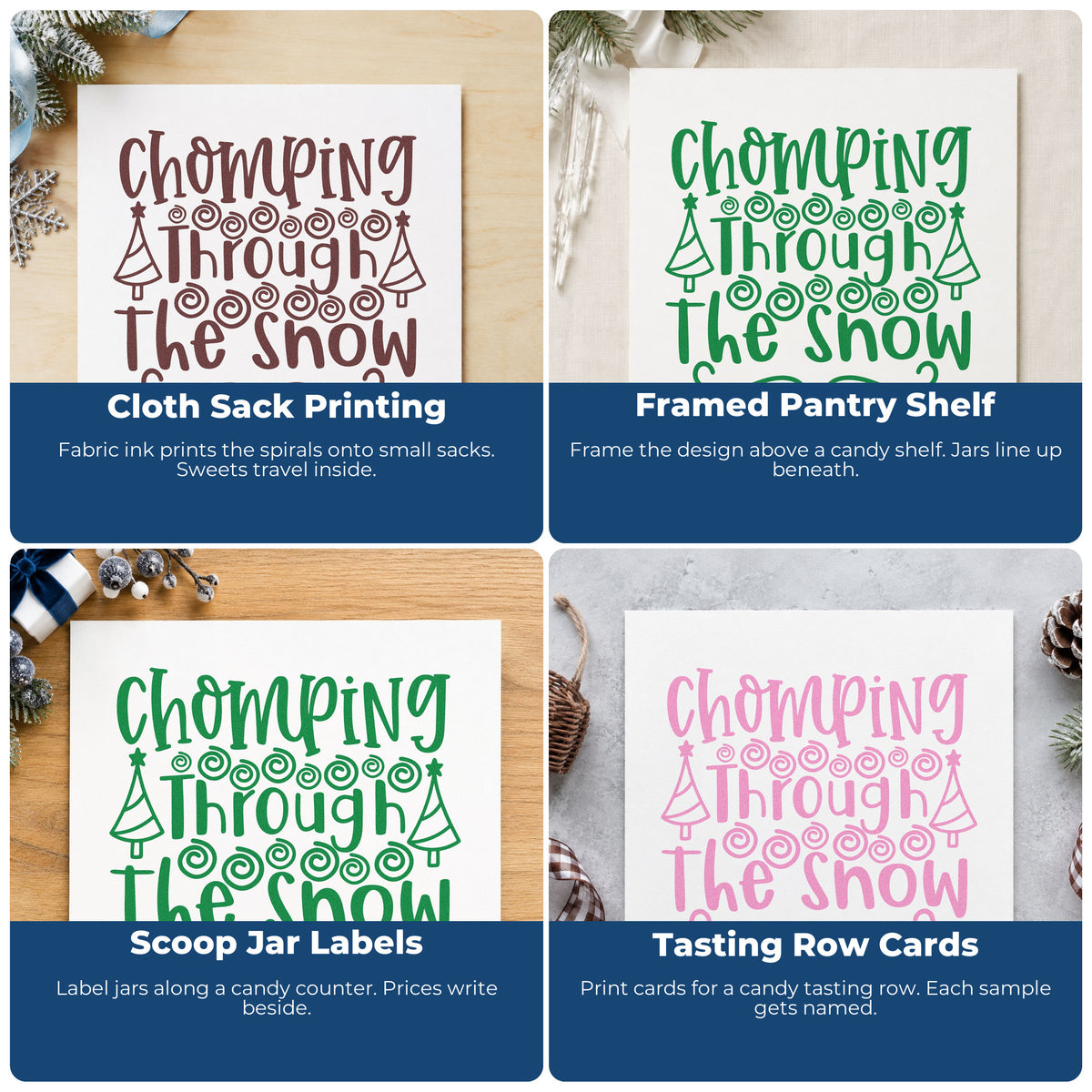 Four ways to use the Chomping Through The Snow Wood-Mounted Rubber Stamp: cloth sack printing, framed pantry shelf, scoop jar labels and tasting row cards.