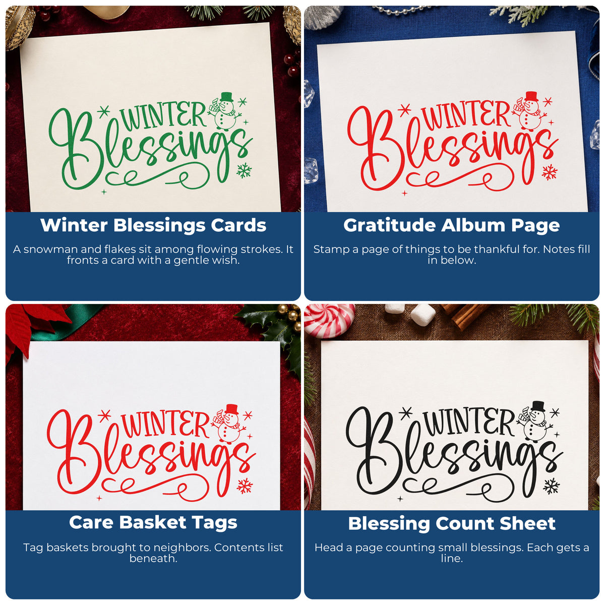Four ways to use the Winter Blessings Snowman Flourished Lettering Self-Inking Craft Stamp: winter blessings cards, gratitude album page, care basket tags and blessing count sheet.