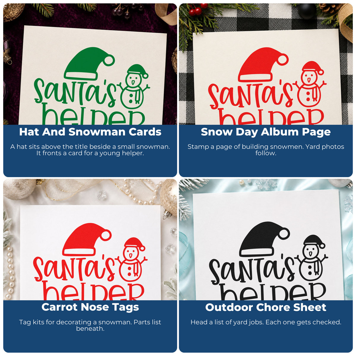Four ways to use the Santa's Helper Hat Snowman PSI Pre-Inked Stamp: hat and snowman cards, snow day album page, carrot nose tags and outdoor chore sheet.
