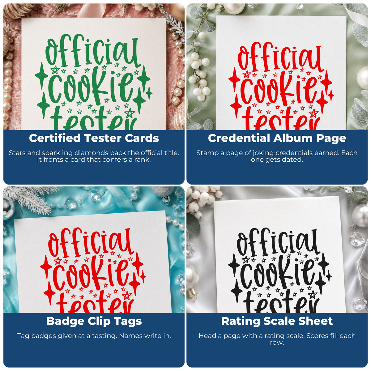 Four ways to use the Official Cookie Tester Star Accents Pre-Inked Stamp – PSI: certified tester cards, credential album page, badge clip tags and rating scale sheet.