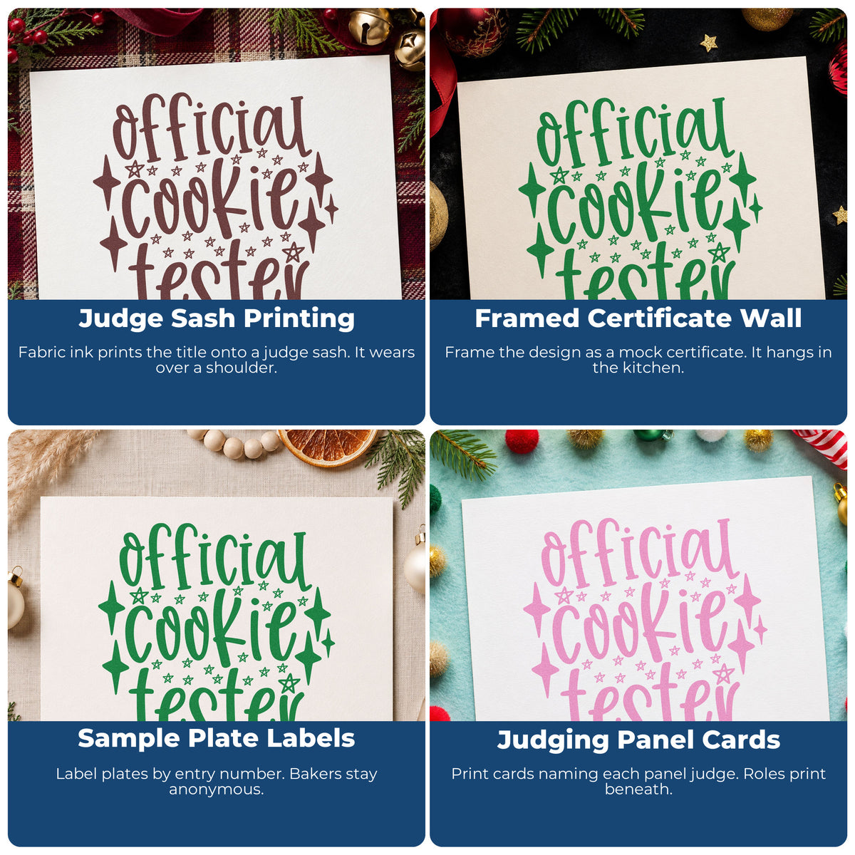 Four ways to use the Official Cookie Tester Star Accents Pre-Inked Stamp – PSI: judge sash printing, framed certificate wall, sample plate labels and judging panel cards.