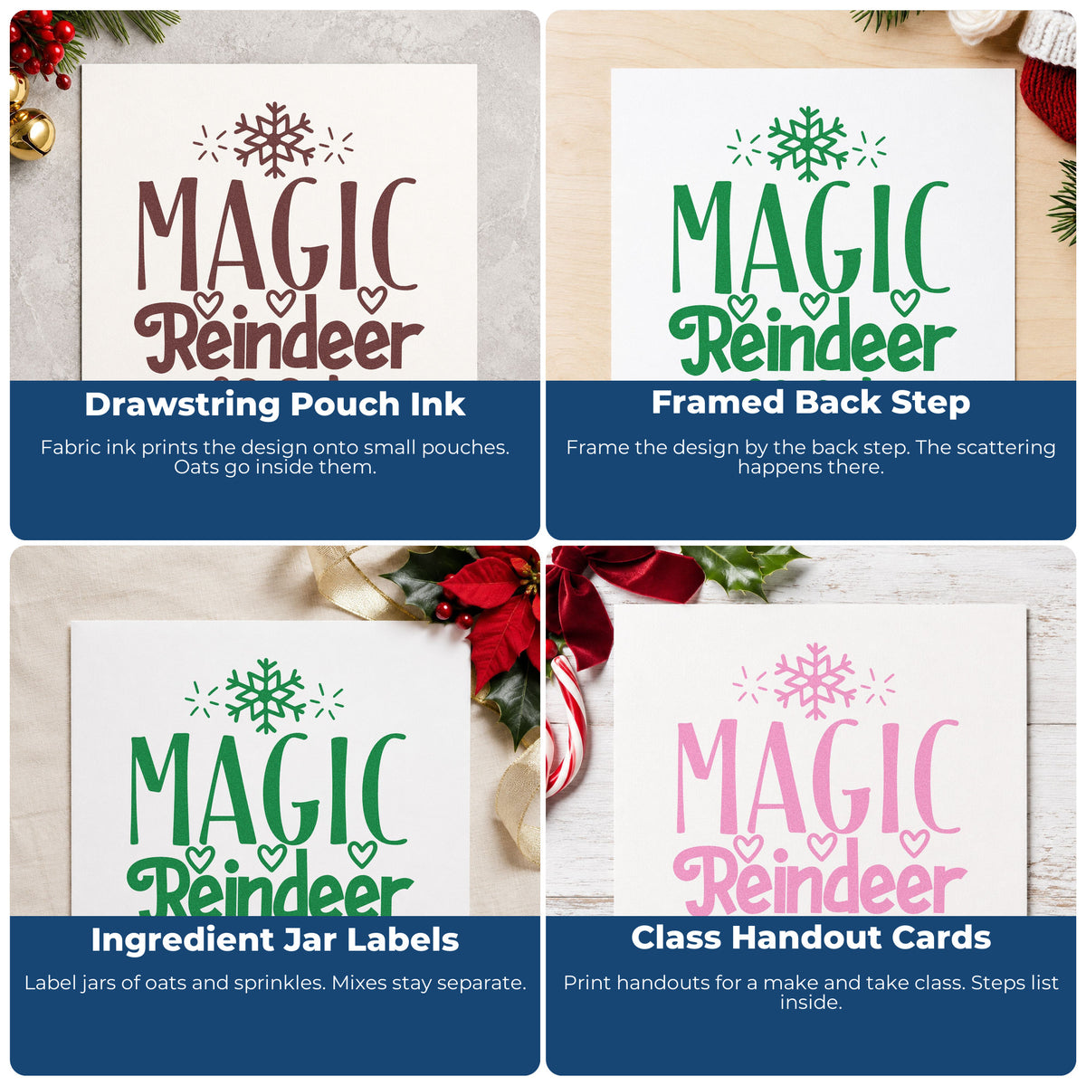 Four ways to use the Pre-Inked Magic Reindeer Food Snowflake Stamp – PSI: drawstring pouch ink, framed back step, ingredient jar labels and class handout cards.