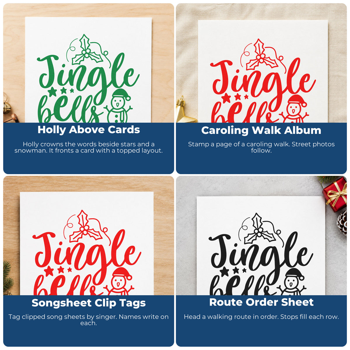 Four ways to use the Jingle Bells Holly Snowman Leaf Accents Self-Inking Stamp: holly above cards, caroling walk album, songsheet clip tags and route order sheet.