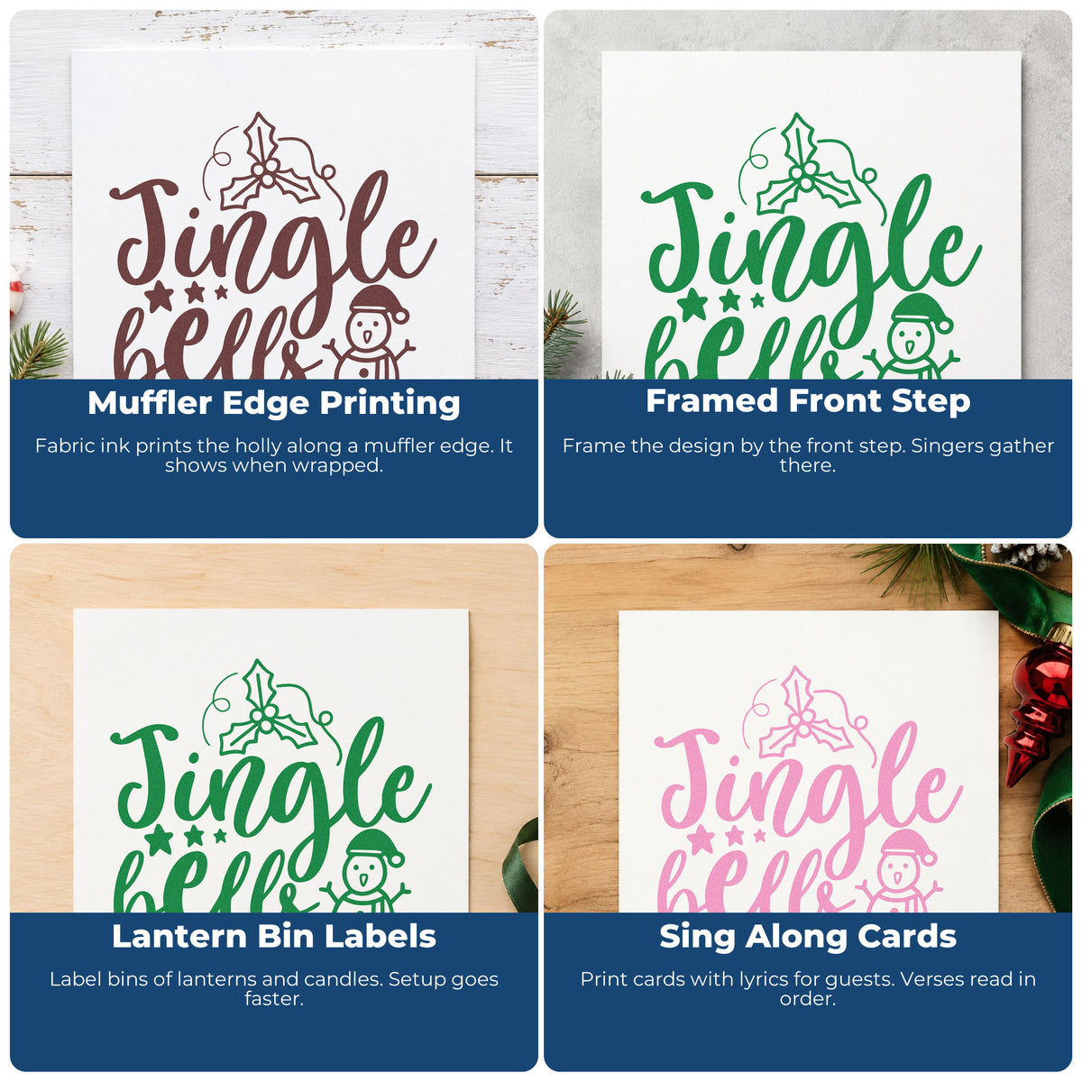 Four ways to use the Jingle Bells Holly Snowman Leaf Accents Stamp – Wood Handle: muffler edge printing, framed front step, lantern bin labels and sing along cards.