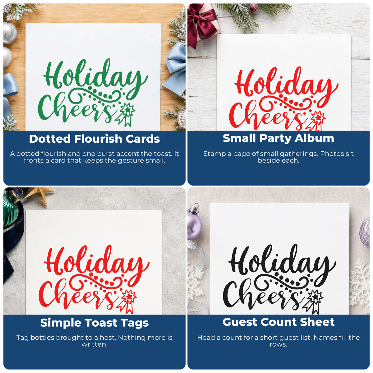 Four ways to use the Holiday Cheers Starburst Flourished Lettering Slim Pre-Inked Stamp: dotted flourish cards, small party album, simple toast tags and guest count sheet.