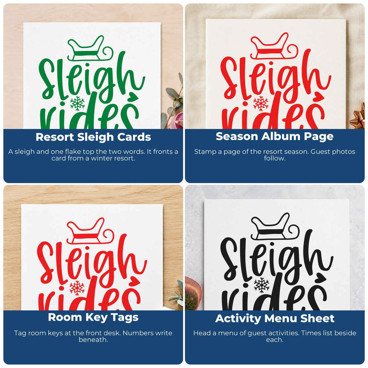Four ways to use the Sleigh Rides With Snowflake Lettering Self-Inking Stamp: resort sleigh cards, season album page, room key tags and activity menu sheet.