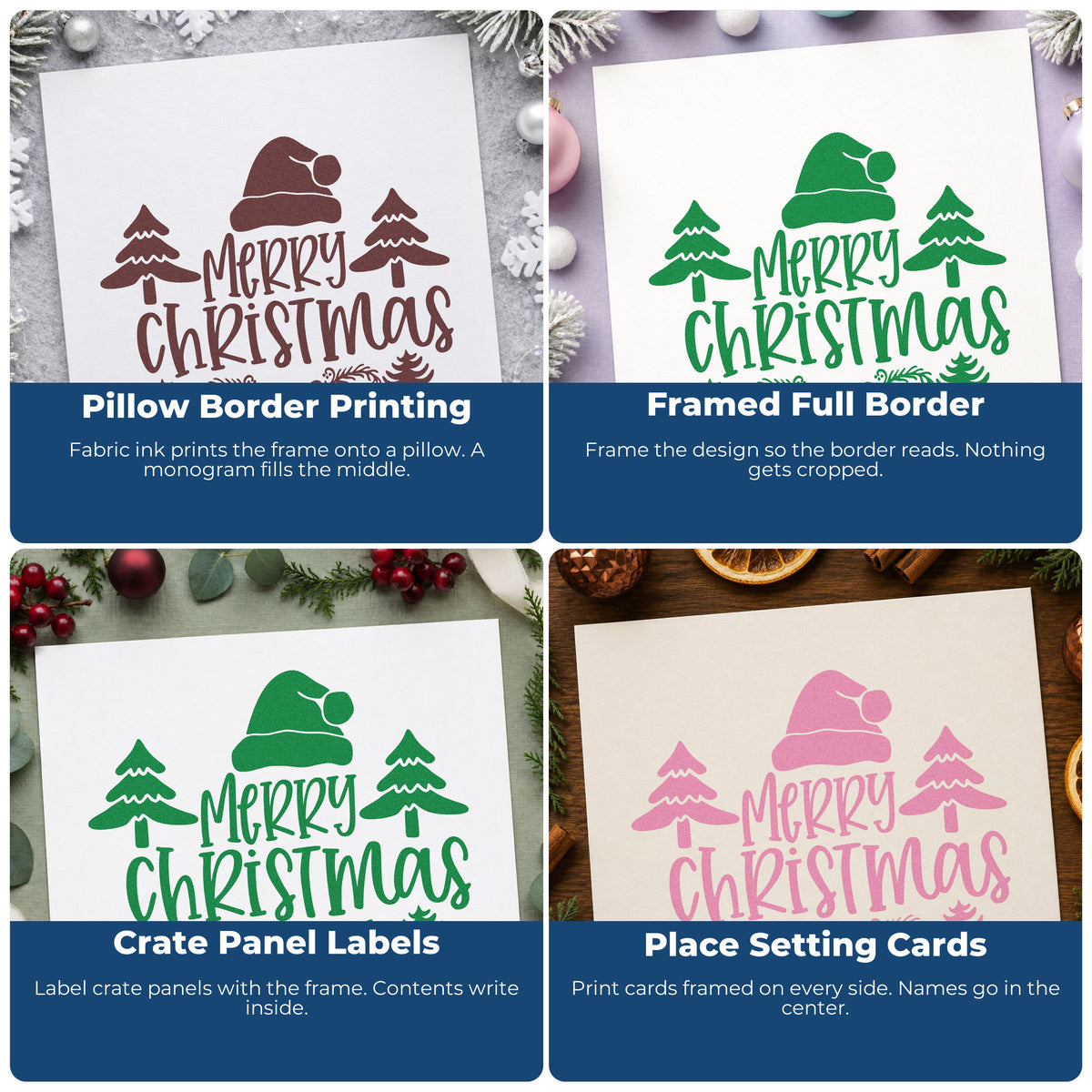 Four ways to use the Merry Christmas Hat Trees Rubber Stamp – Duo Hand: pillow border printing, framed full border, crate panel labels and place setting cards.