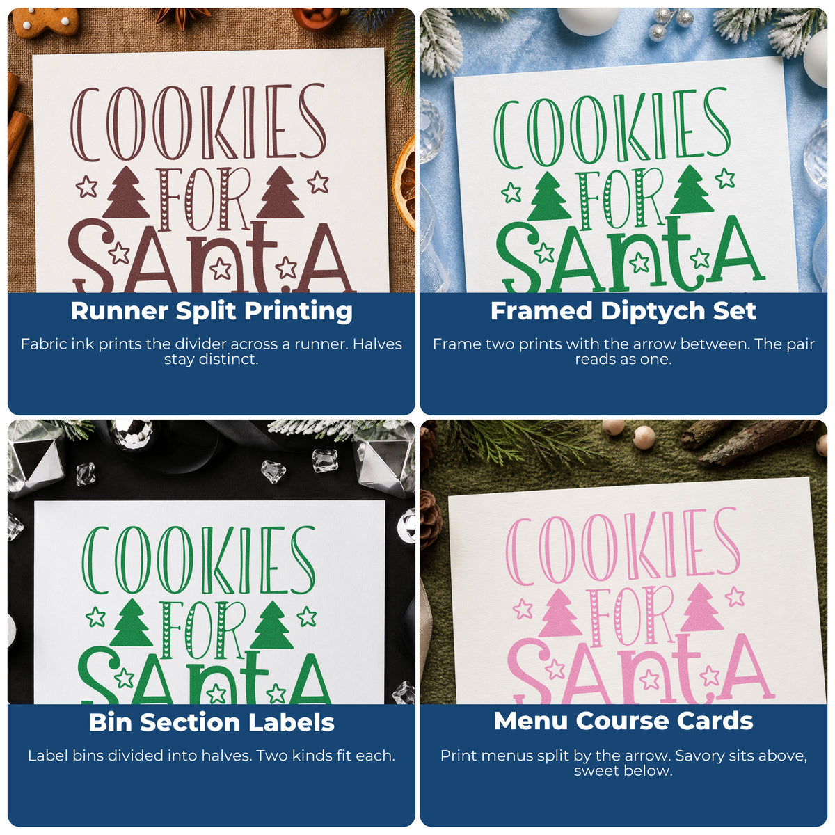Four ways to use the Premium Wooden Cookies For Santa Trees Leaf Accents Stamp - Vintage Pro: runner split printing, framed diptych set, bin section labels and menu course cards.