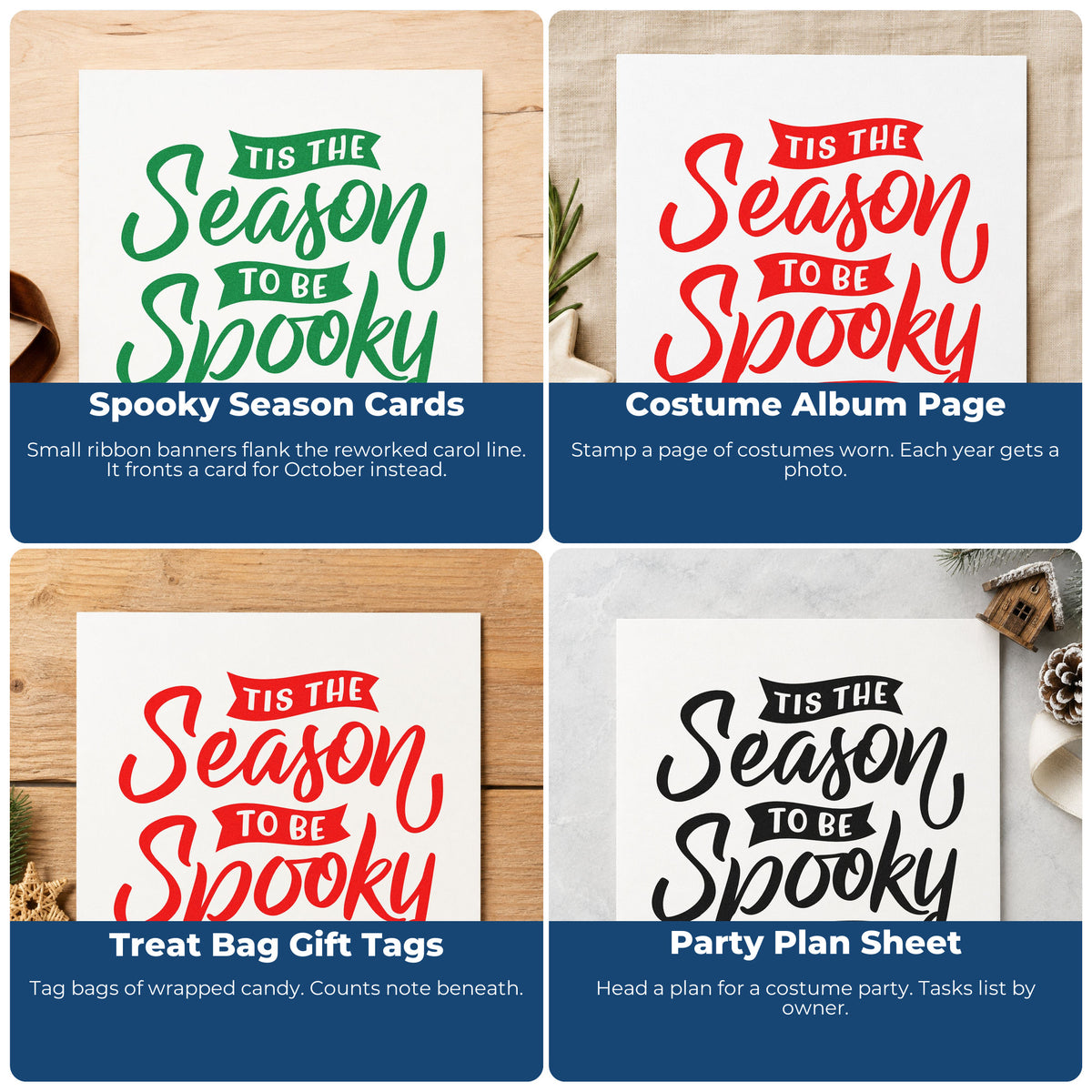 Four ways to use the Tis The Season To Be Spooky Rubber Stamp – Duo Hand: spooky season cards, costume album page, treat bag gift tags and party plan sheet.