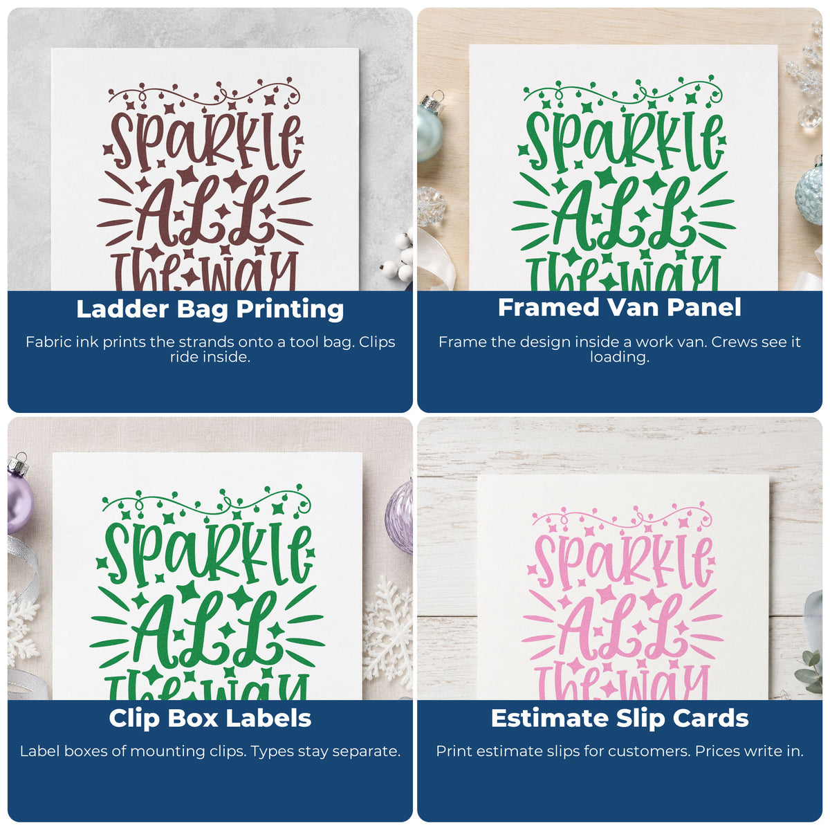 Four ways to use the Pre-Inked Sparkle All The Way Lights Stamp – PSI: ladder bag printing, framed van panel, clip box labels and estimate slip cards.