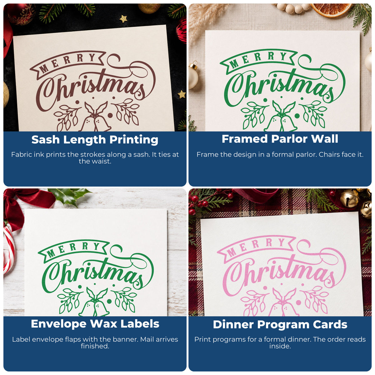 Four ways to use the Slim Pre-Inked Merry Christmas Bells And Leaves Botanical Sprig Stamp: sash length printing, framed parlor wall, envelope wax labels and dinner program cards.