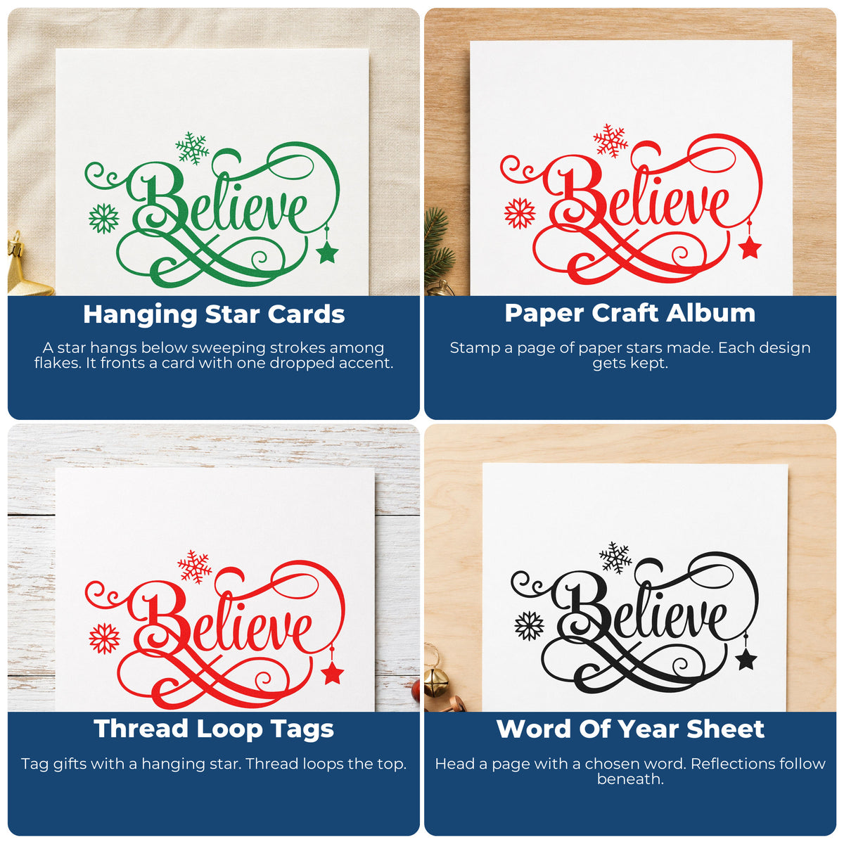 Four ways to use the Believe Snowflakes Hanging Star Script Lettering Rubber Stamp – Wood Handle: hanging star cards, paper craft album, thread loop tags and word of year sheet.