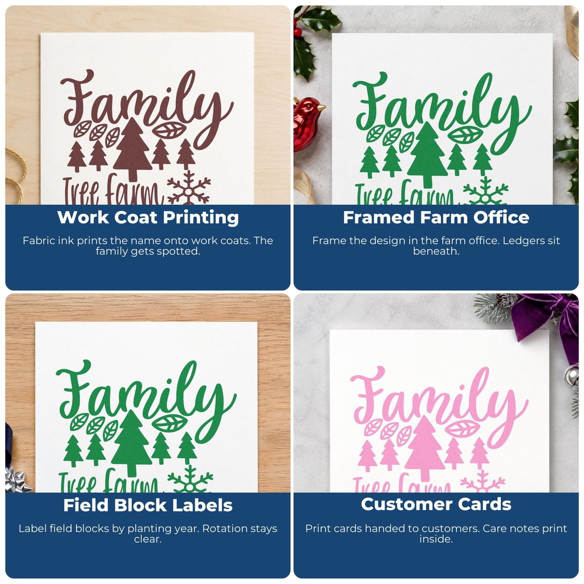 Four ways to use the Family Tree Farm Winter PSI Pre-Inked Stamp: work coat printing, framed farm office, field block labels and customer cards.