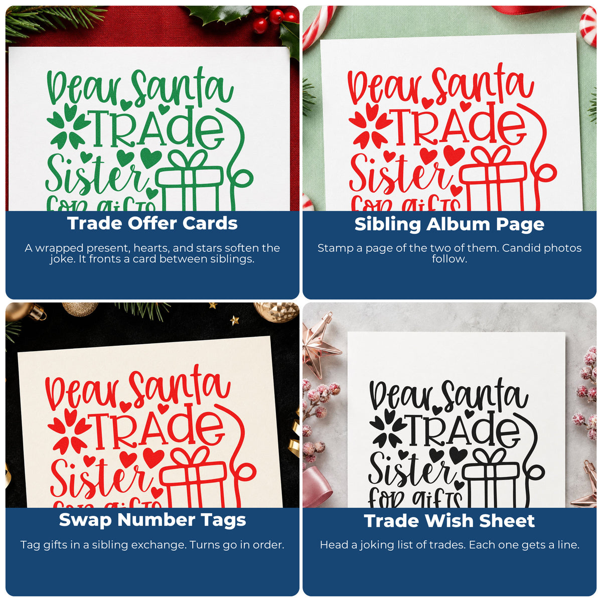 Four ways to use the Dear Santa Trade Sister For Gifts Rubber Stamp – Duo Hand: trade offer cards, sibling album page, swap number tags and trade wish sheet.
