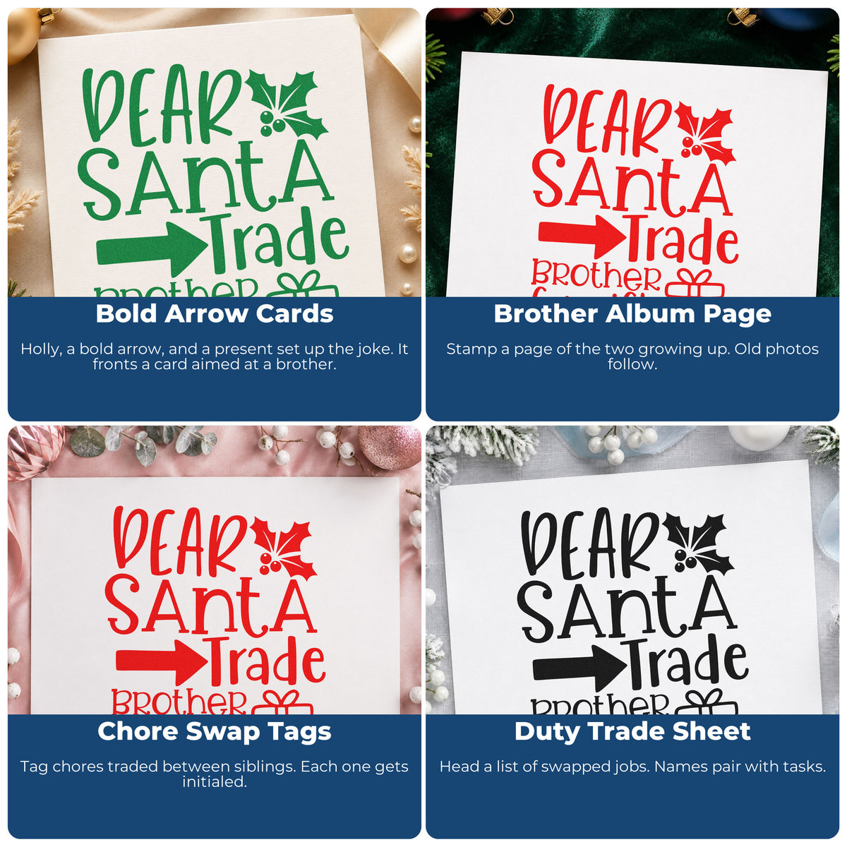 Four ways to use the Dear Santa Trade Brother Gifts Wood Handle Stamp: bold arrow cards, brother album page, chore swap tags and duty trade sheet.