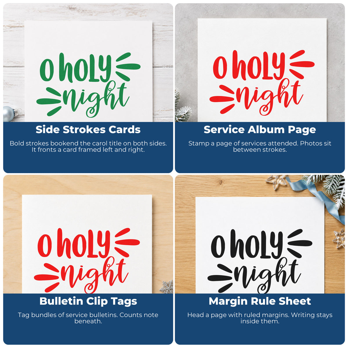 Four ways to use the O Holy Night Script Lettering Pre-Inked Stamp – PSI: side strokes cards, service album page, bulletin clip tags and margin rule sheet.
