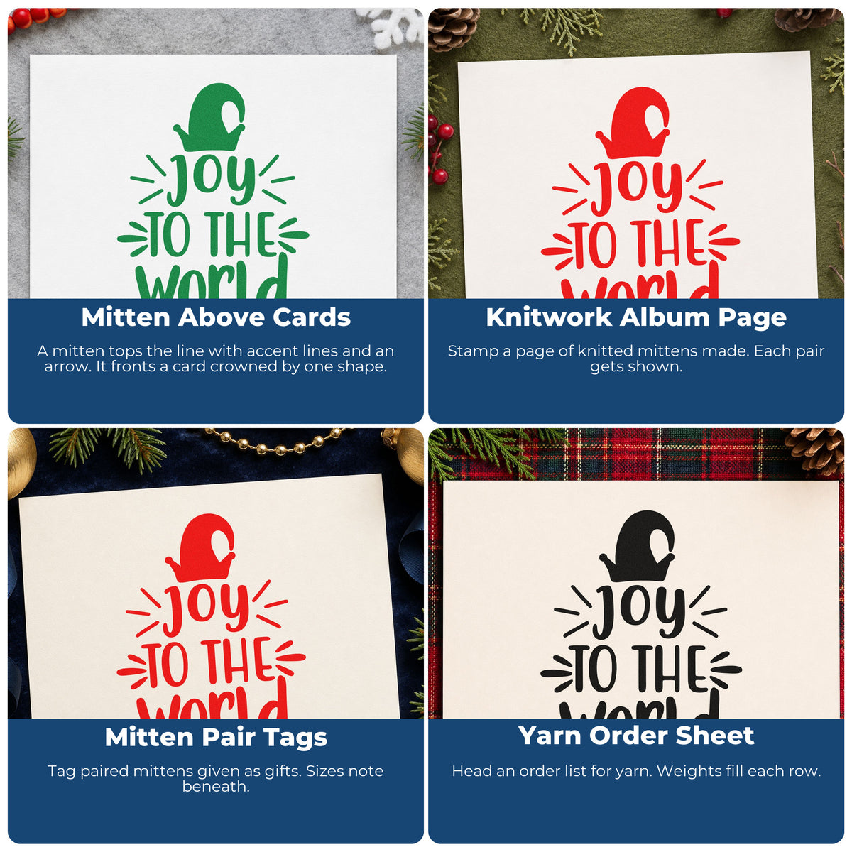 Four ways to use the Joy To The World Mitten Arrow Self-Inking Stamp: mitten above cards, knitwork album page, mitten pair tags and yarn order sheet.