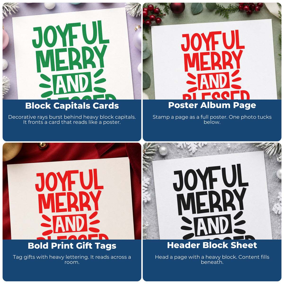 Four ways to use the Joyful Merry Blessed Bold Slim Pre-Inked Stamp: block capitals cards, poster album page, bold print gift tags and header block sheet.