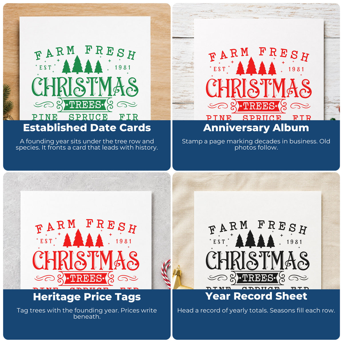 Four ways to use the Farm Fresh Trees Est 1981 Lettering Slim Pre-Inked Stamp: established date cards, anniversary album, heritage price tags and year record sheet.