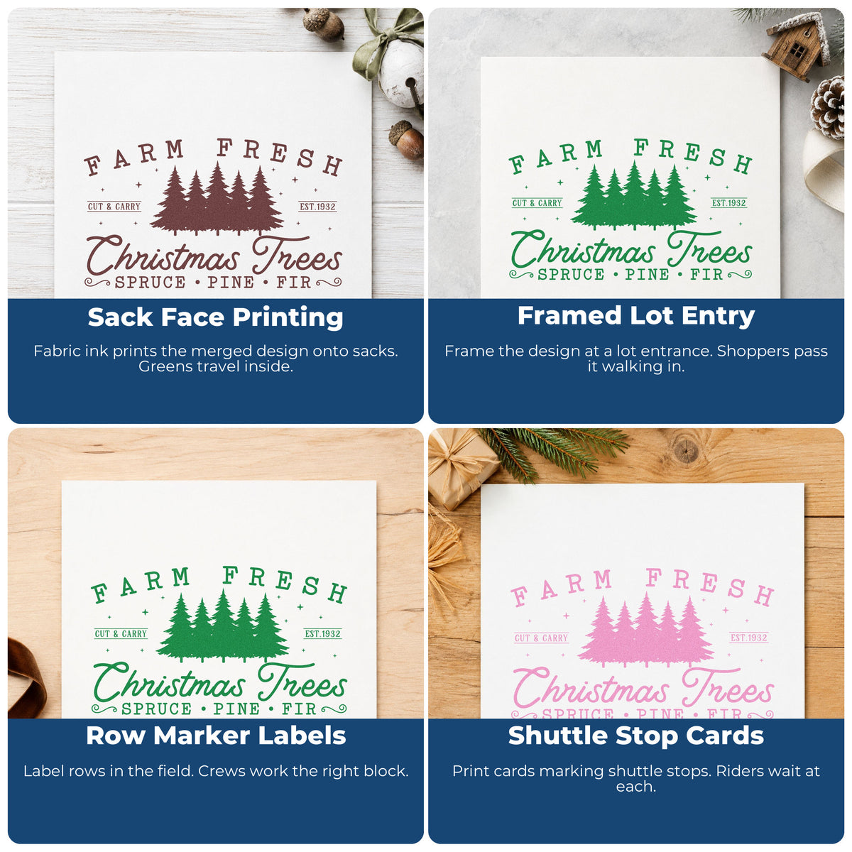 Four ways to use the Farm Fresh Christmas Tree Row Pine Motif Rubber Stamp – Duo Hand: sack face printing, framed lot entry, row marker labels and shuttle stop cards.
