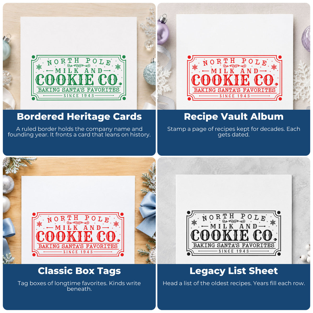 Four ways to use the North Pole Santa's Favorites Sign Premium Wood-Mounted Stamp - Vintage Pro: bordered heritage cards, recipe vault album, classic box tags and legacy list sheet.