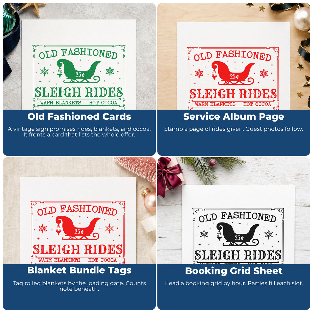 Four ways to use the Old Fashioned Sleigh Rides Snowflakes Stamp – PSI Pre-Inked: old fashioned cards, service album page, blanket bundle tags and booking grid sheet.