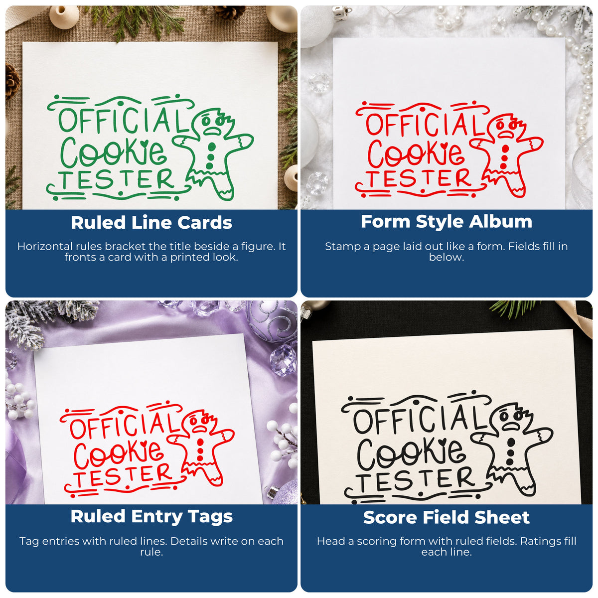 Four ways to use the Official Cookie Tester Gingerbread Premium Wood-Mounted Stamp - Vintage Pro: ruled line cards, form style album, ruled entry tags and score field sheet.