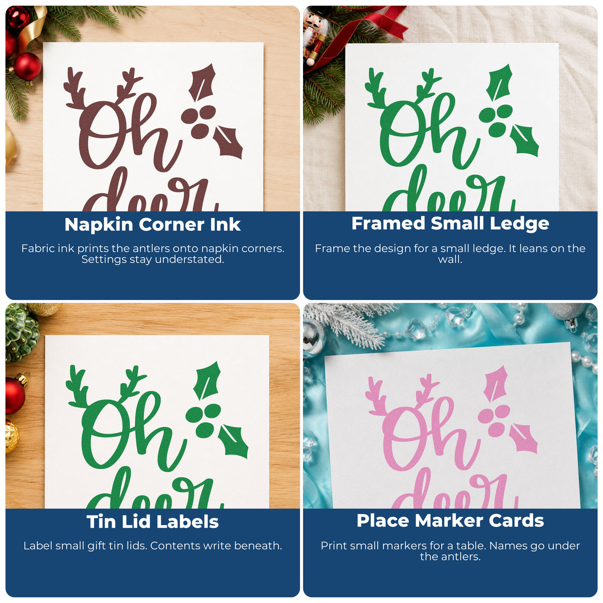 Four ways to use the Oh Deer Antlers Holly Stamp - Premium Vintage Pro Wooden: napkin corner ink, framed small ledge, tin lid labels and place marker cards.