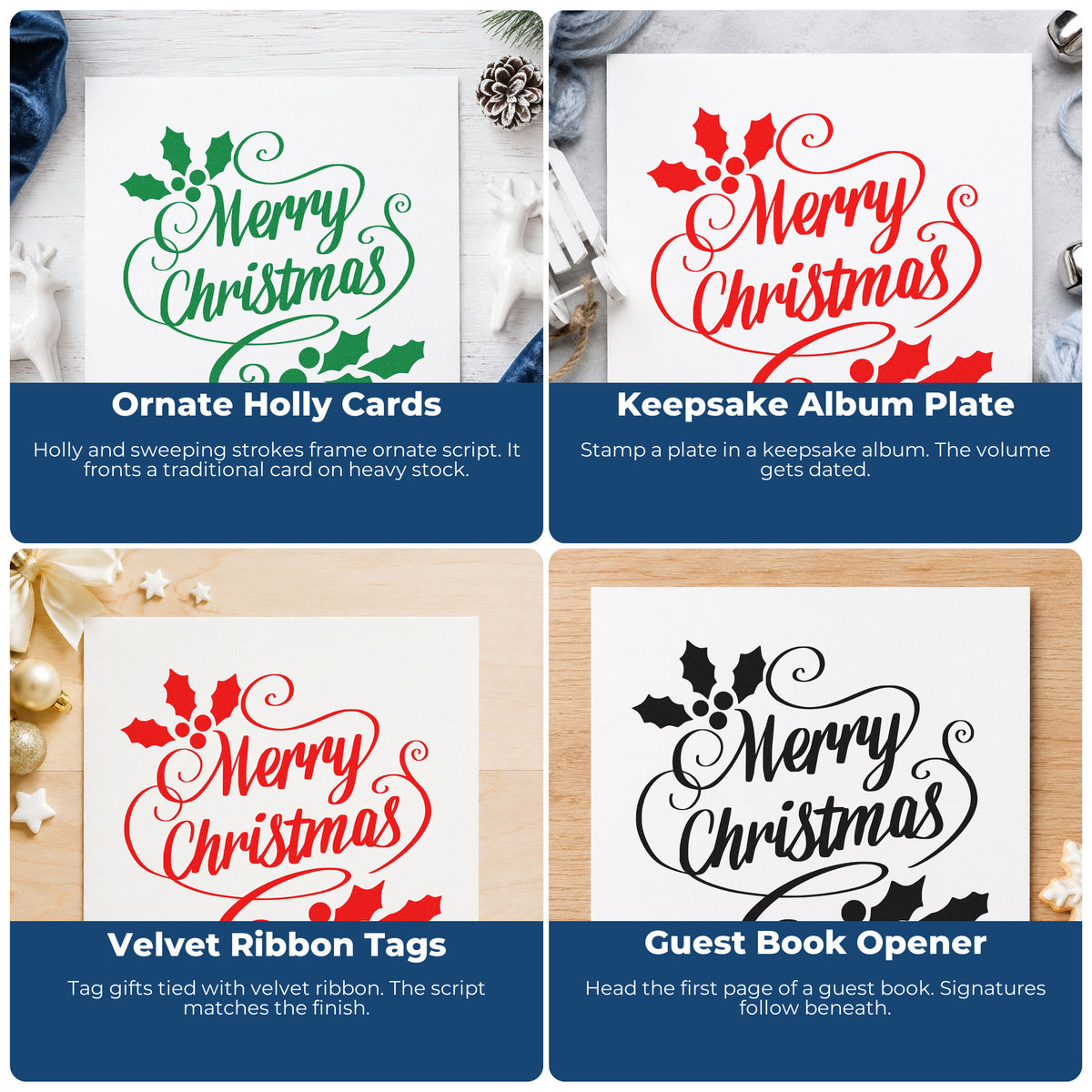 Four ways to use the Vintage Pro Merry Christmas Holly Flourishes Premium Wooden Stamp: ornate holly cards, keepsake album plate, velvet ribbon tags and guest book opener.