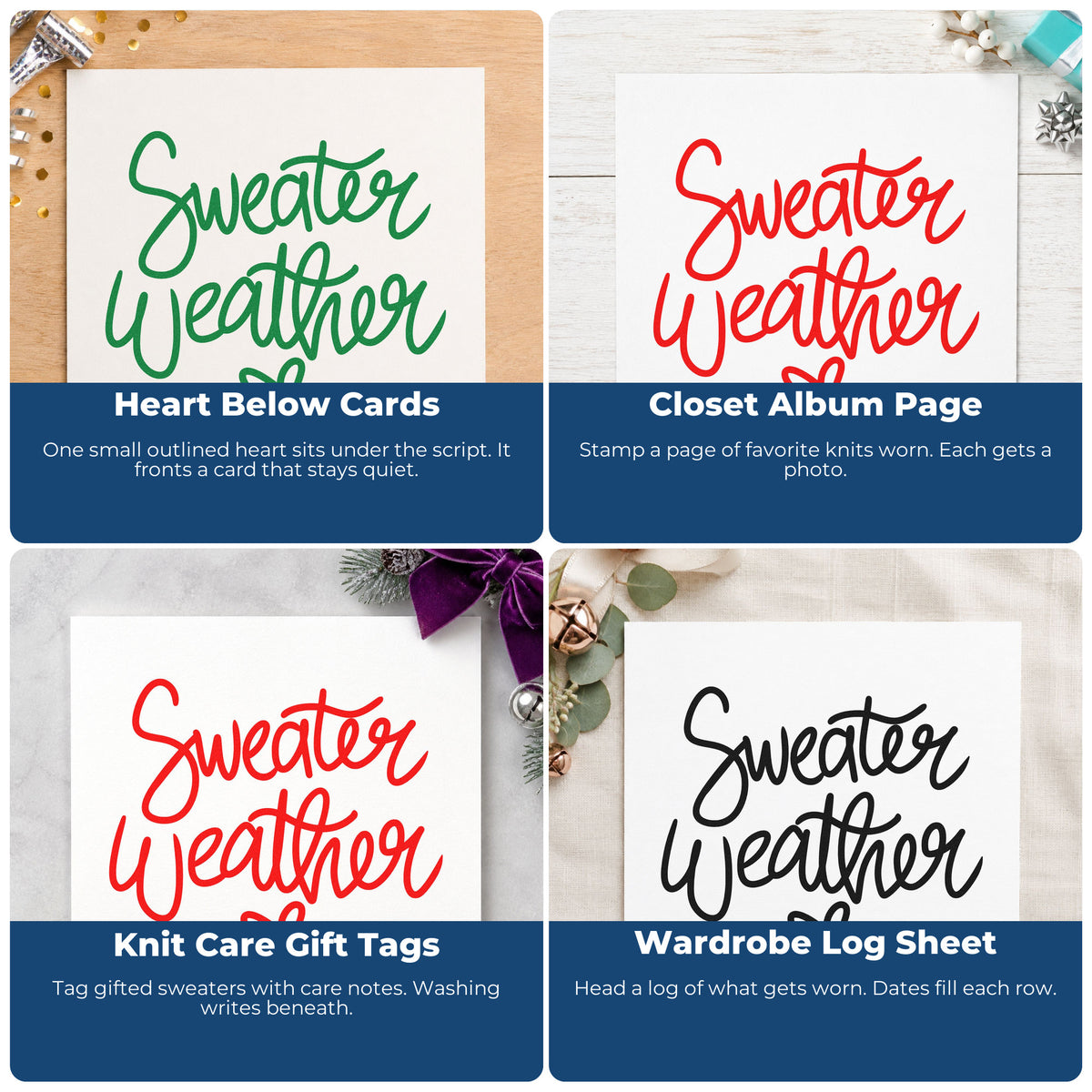 Four ways to use the Sweater Weather Little Heart Script Lettering Self-Inking Stamp: heart below cards, closet album page, knit care gift tags and wardrobe log sheet.
