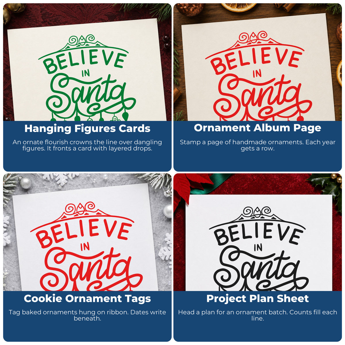 Four ways to use the Believe In Santa Ornaments Gingerbread Stamp - Premium Vintage Pro Wooden: hanging figures cards, ornament album page, cookie ornament tags and project plan sheet.