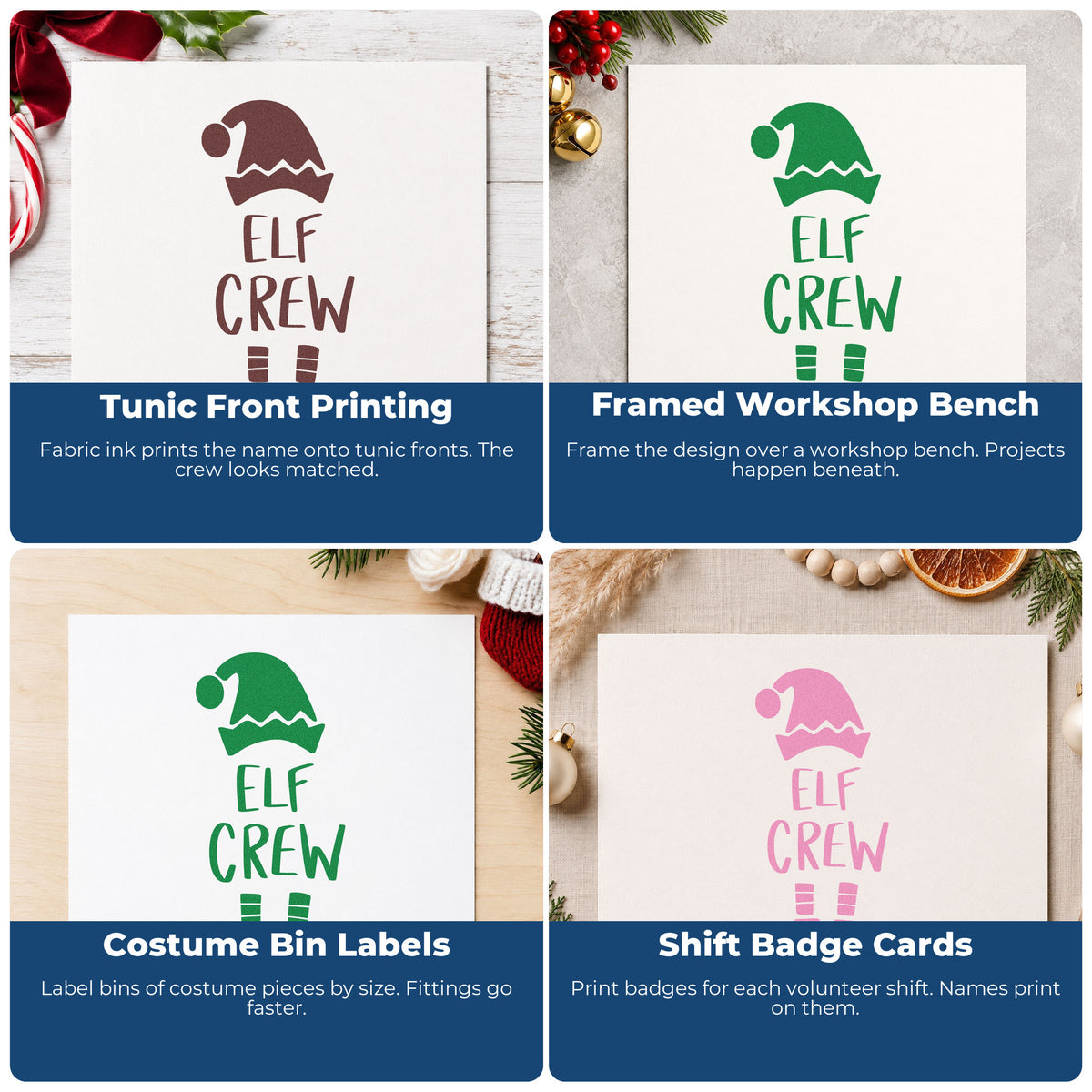 Four ways to use the Elf Crew Hat And Shoes Lettering Rubber Stamp – Duo Hand: tunic front printing, framed workshop bench, costume bin labels and shift badge cards.