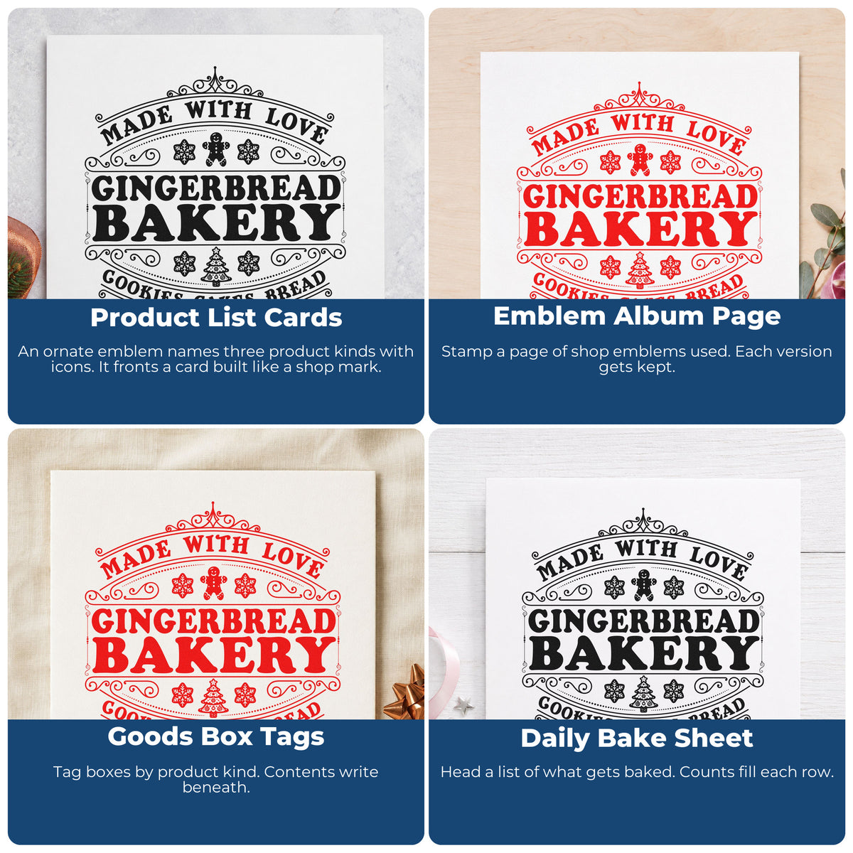 Four ways to use the PSI Pre-Inked Made With Love Gingerbread Bakery Stamp: product list cards, emblem album page, goods box tags and daily bake sheet.